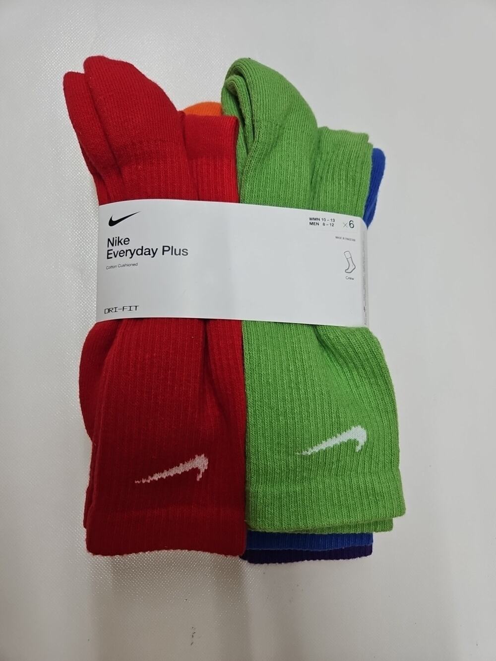 Nike Men's Everyday Plus Cushioned Crew Socks 6 Pk SX6897-903 Rainbow Sz L 8-12